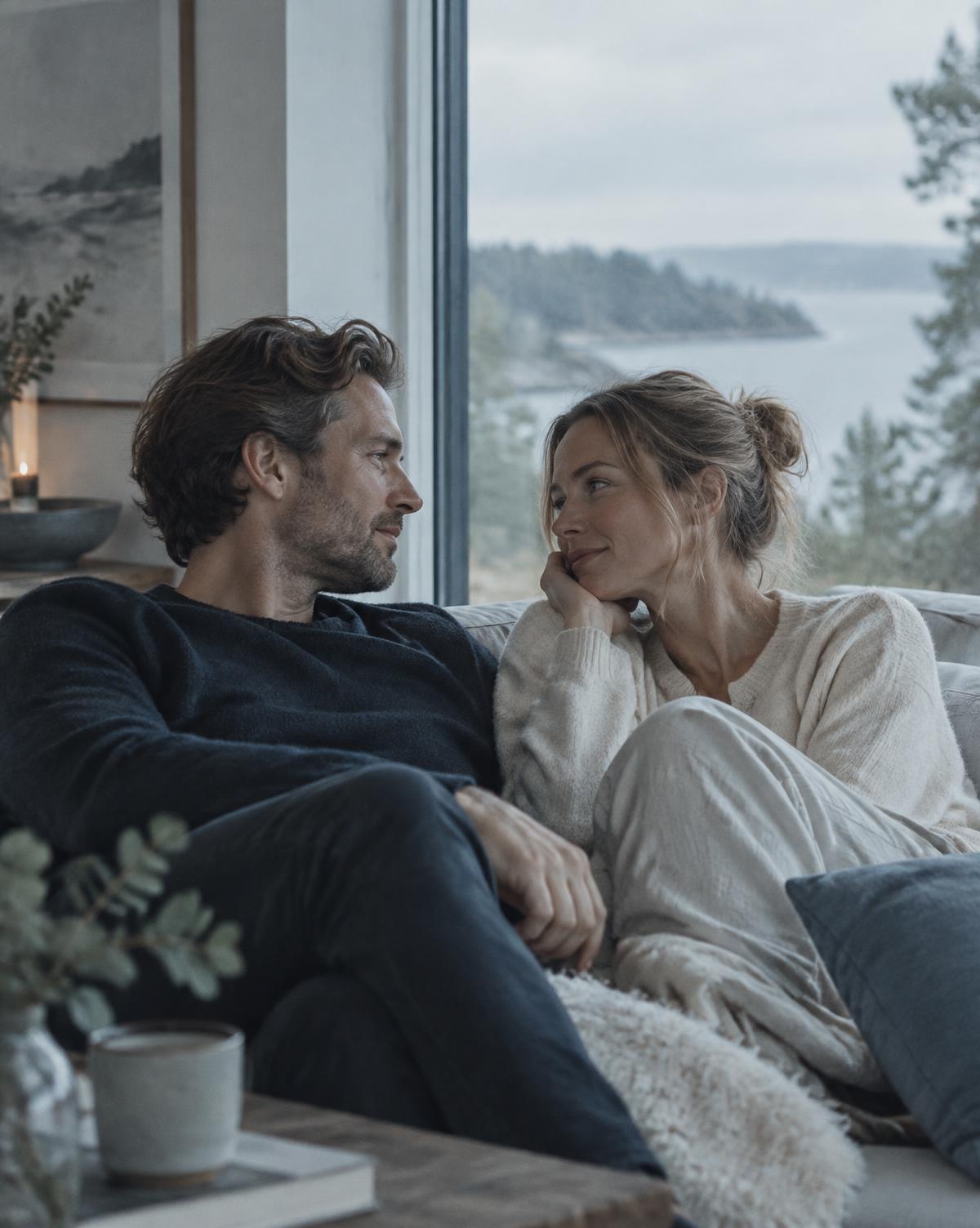 Ett par som sitter nära varandra i ett lugnt hem