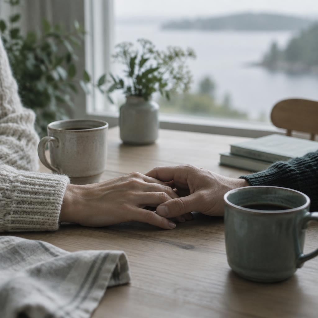 Två händer som möts över en kopp kaffe