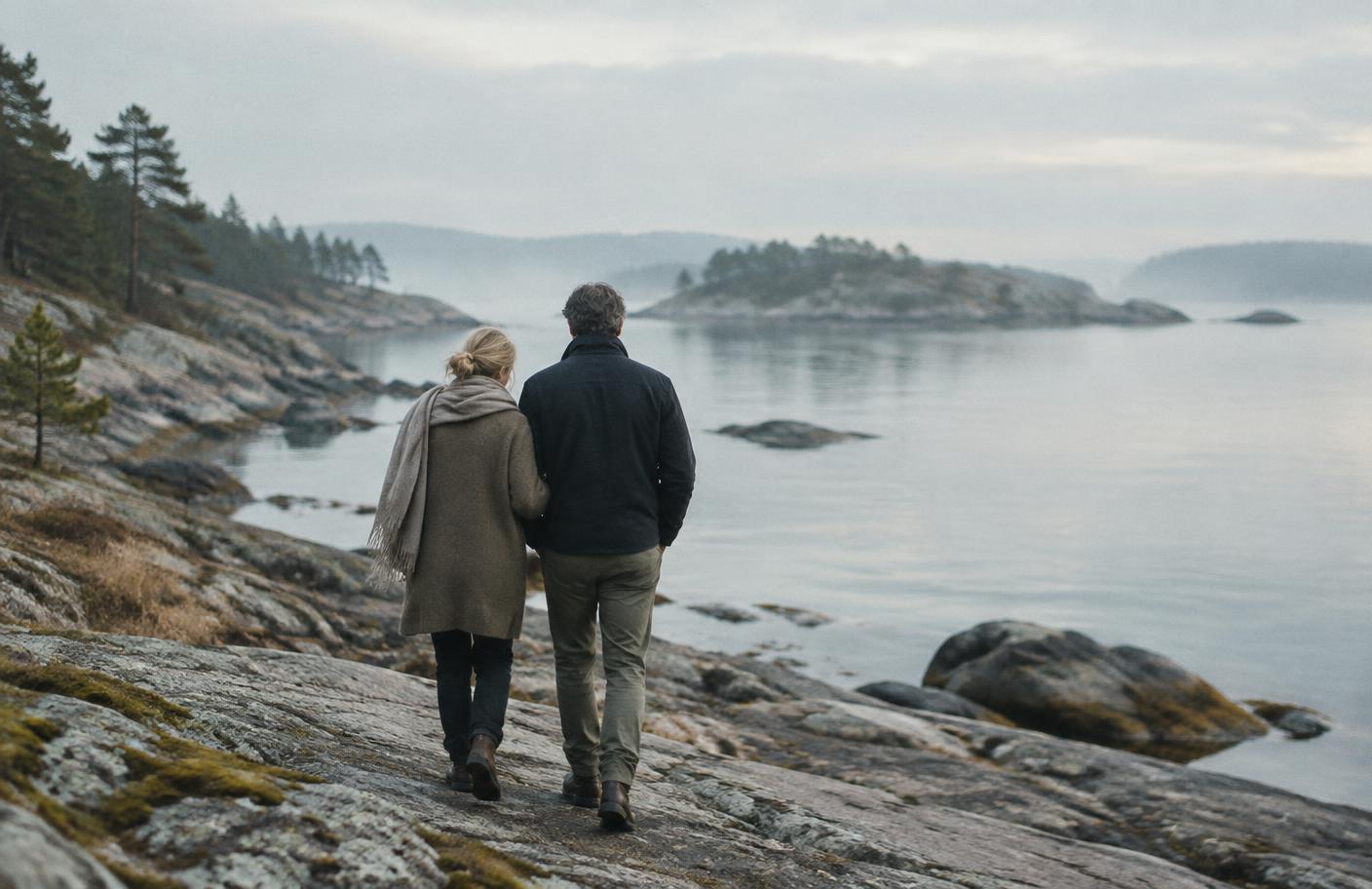 Ett par som promenerar tillsammans vid havet